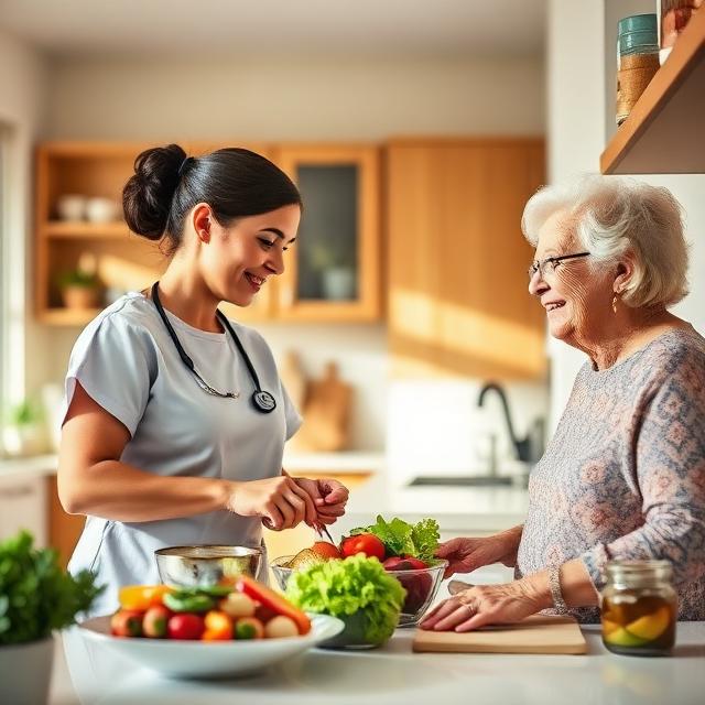 An older adult and companion preparing a meal
